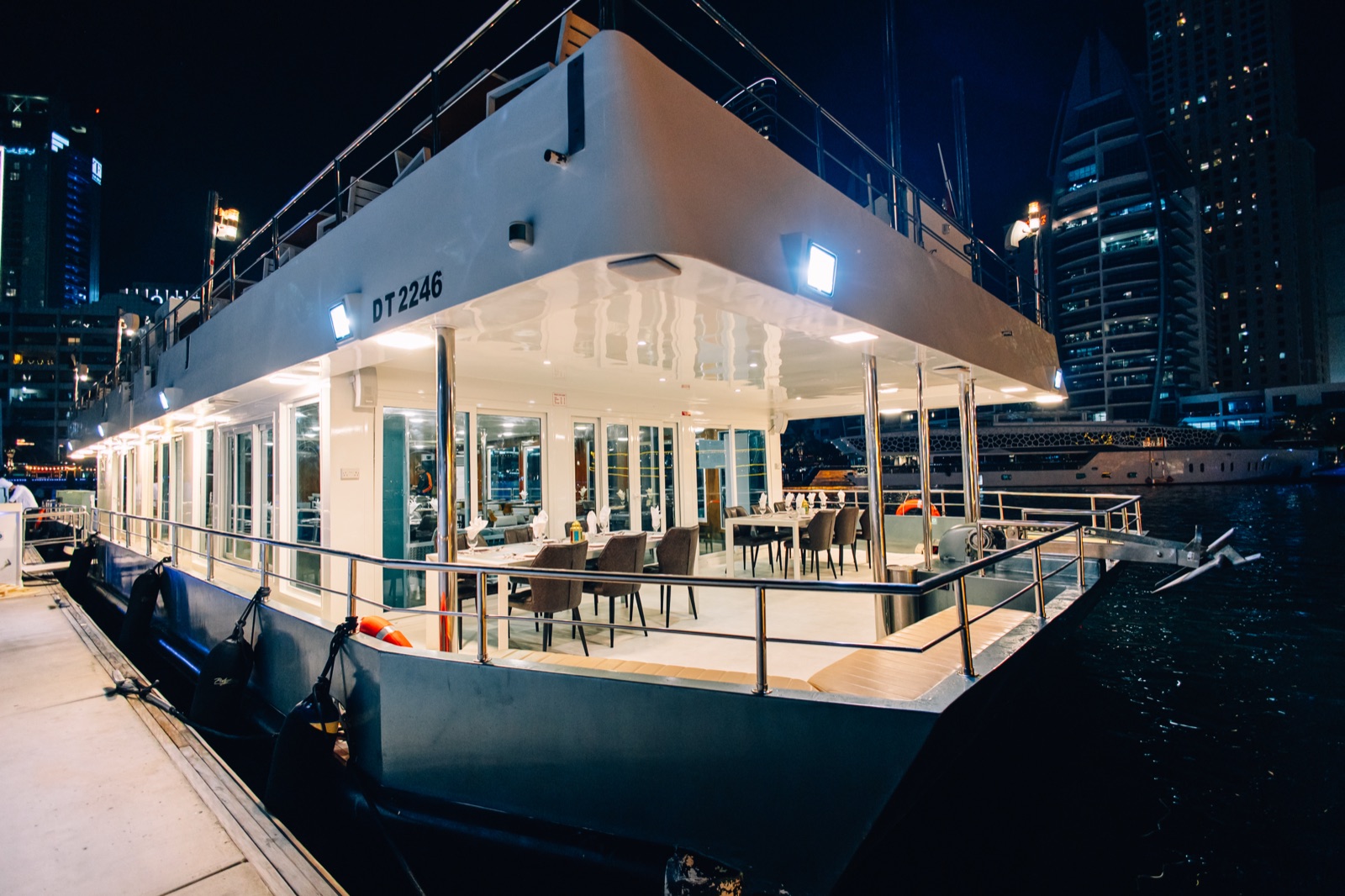 Alexandra Sea Lounge cruising through Dubai Marina at night