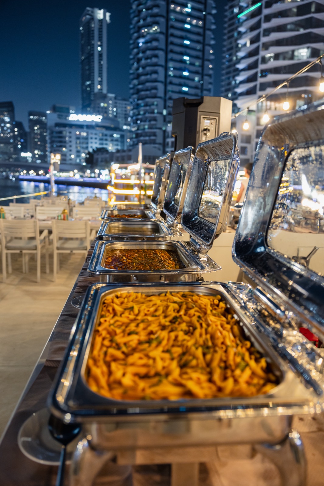 Gourmet buffet spread with international main courses