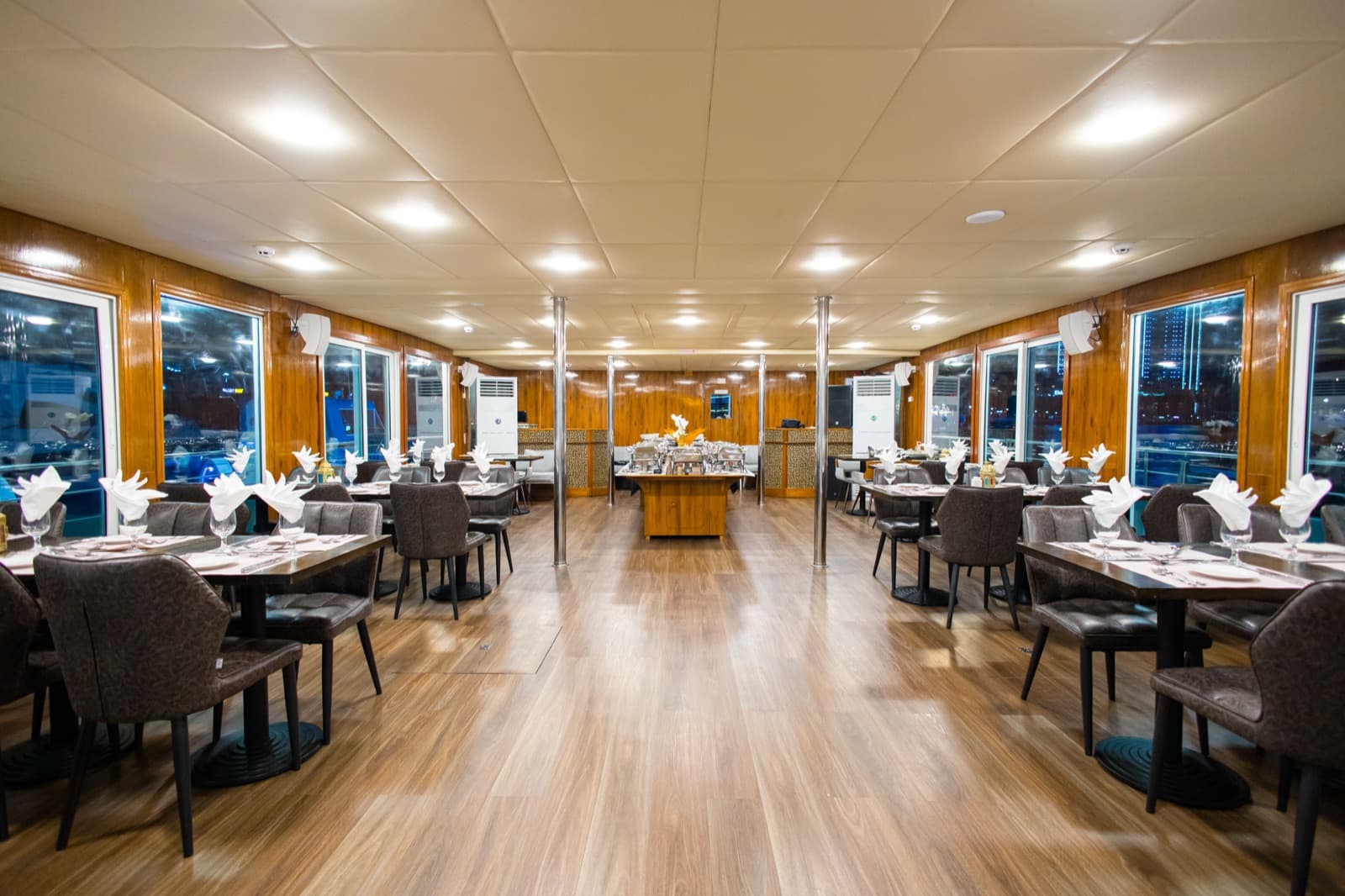 Lower deck interior with elegant dining setup